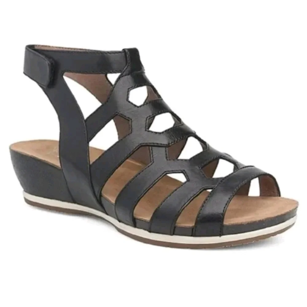 Dansko Valentina Caged Wedge Sandals Black Leather Women’s EU 40 US 9.5–10
